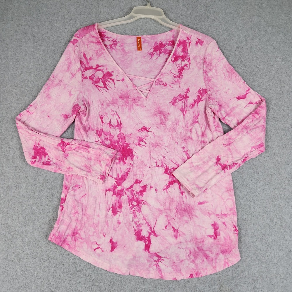 Feiersi Top Womens XL Pink Tie Dye Long‎ Sleeve Relaxed Fit Boho Strappy V-Neck